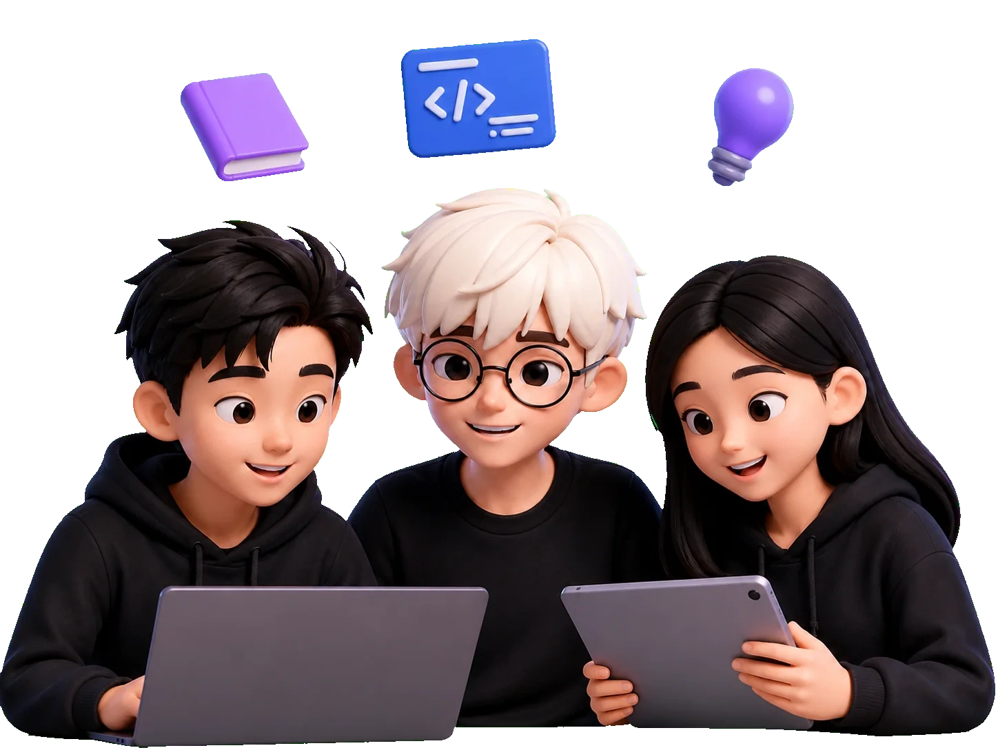 小加同学与两位青少年学习者围绕电脑和画板共同探索 AI