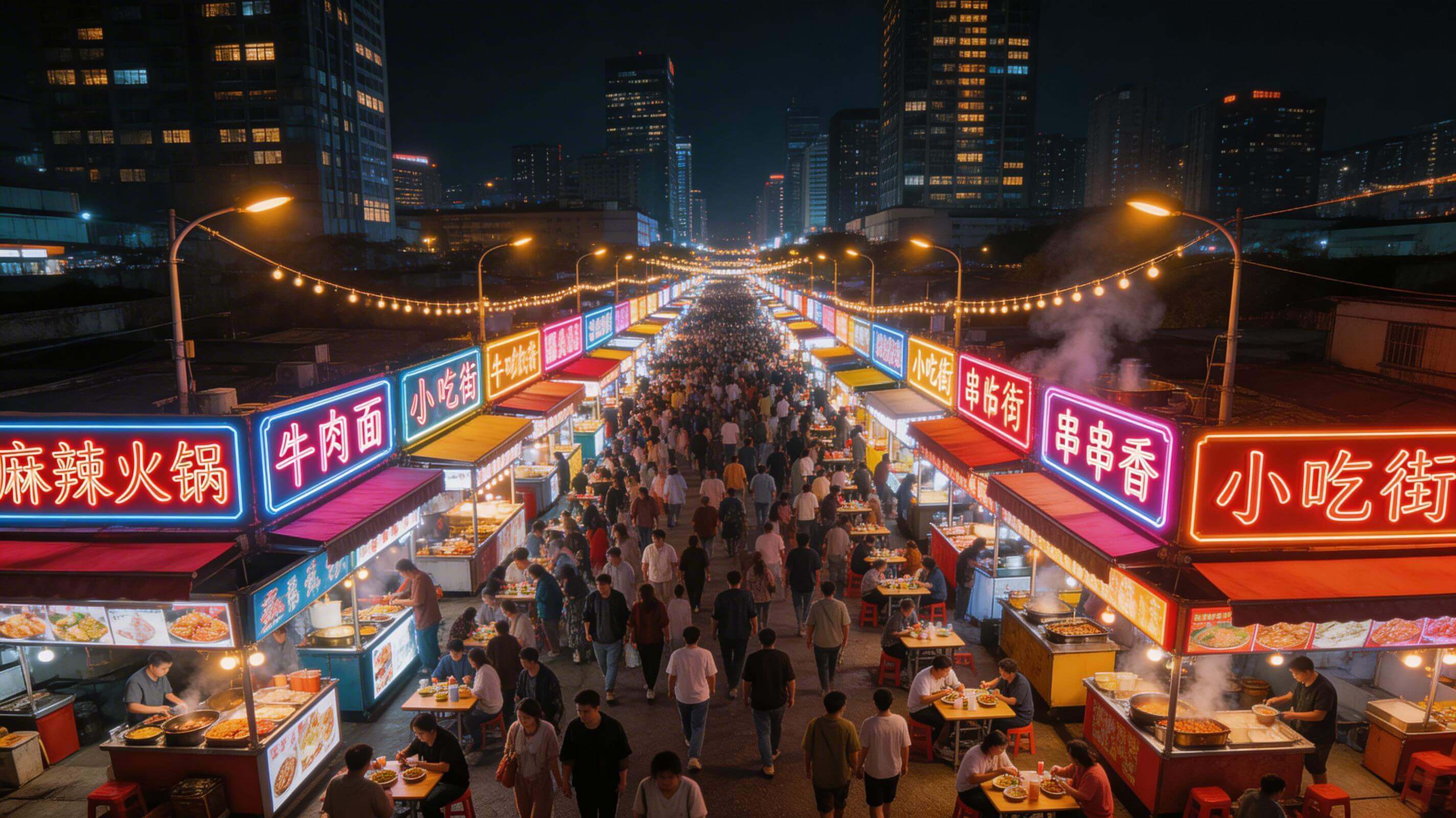 城市美食街俯拍,展示本地生活商业活力